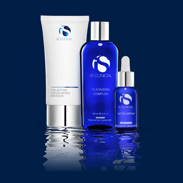 iS Clinical skincare range of exfoliants include tri-active exfoliating masque, cleansing complex and active spray.