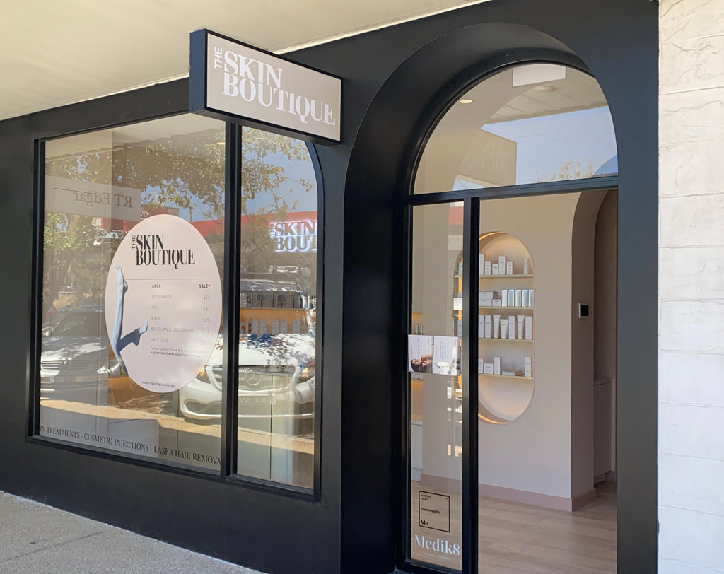 shopfront of the mount eliza clinic highlighting their top selling products from medik8, biopelle, dermaceutic and biretix