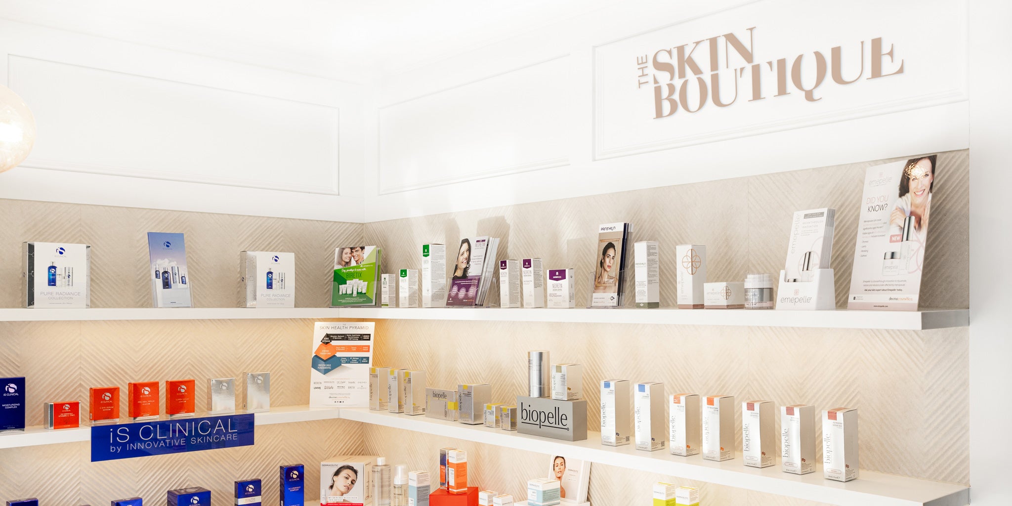 image of the skin boutique clinic in sandringham retail skincare shelves stocked with biopelle, medik8, is clinical, dermaceutic, tensage and mesoestetic. with 5 locations including melbourne cbd, elwood, casey central and mount eliza.